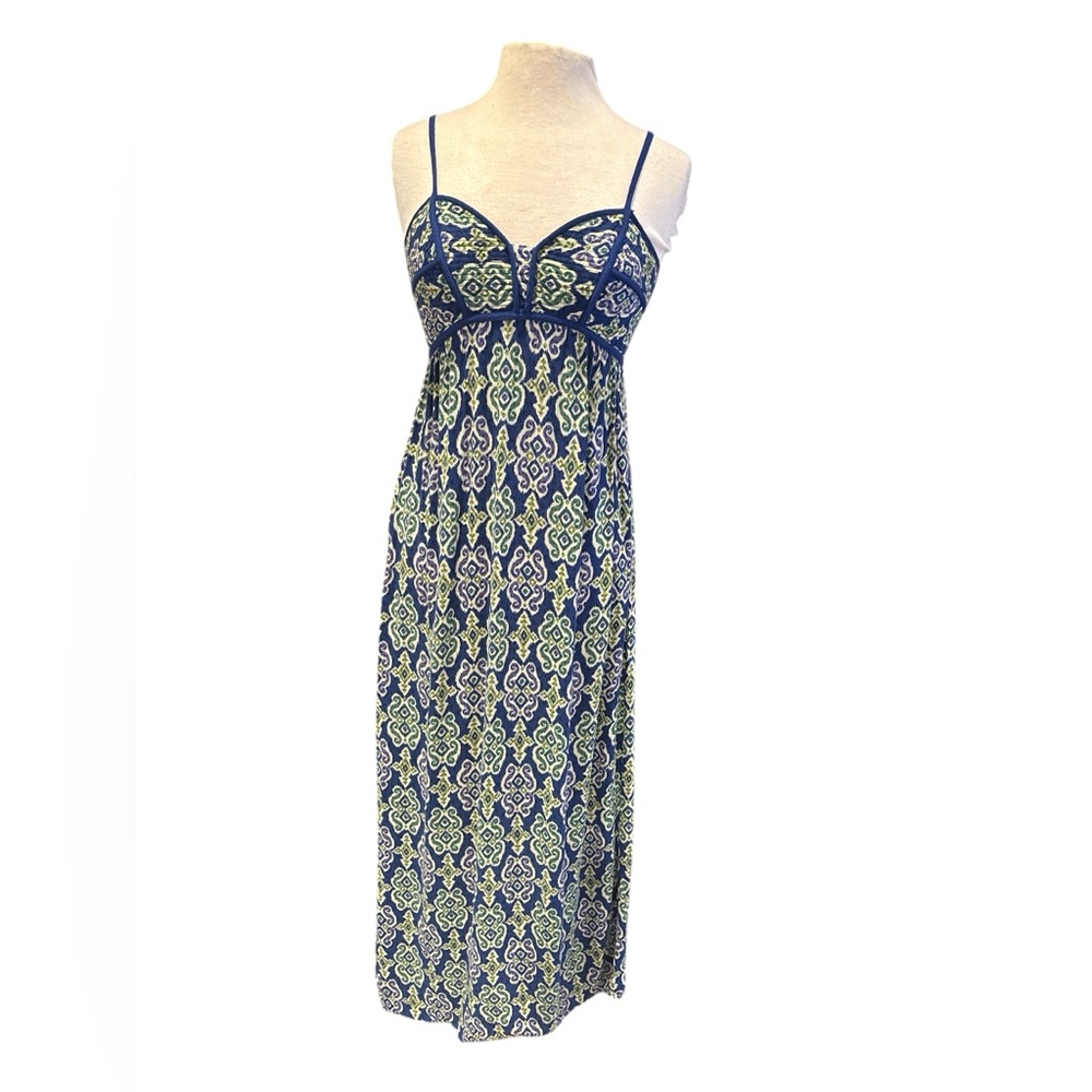 Blue & Green Patterned Maxi Dress With Adjustable Spaghetti Straps Elastic Back